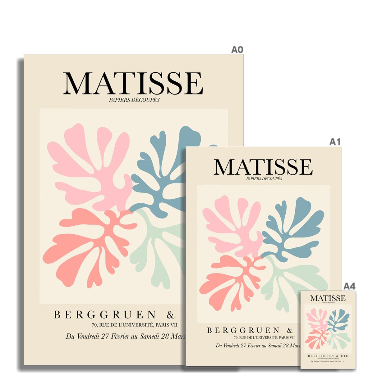 © les muses / Matisse wall art prints featuring flora cut outs or "Papiers Découpés" in a danish pastel style. Matisse exhibition posters with paper cut-outs. Berggruen & Cie museum prints for your gallery wall.