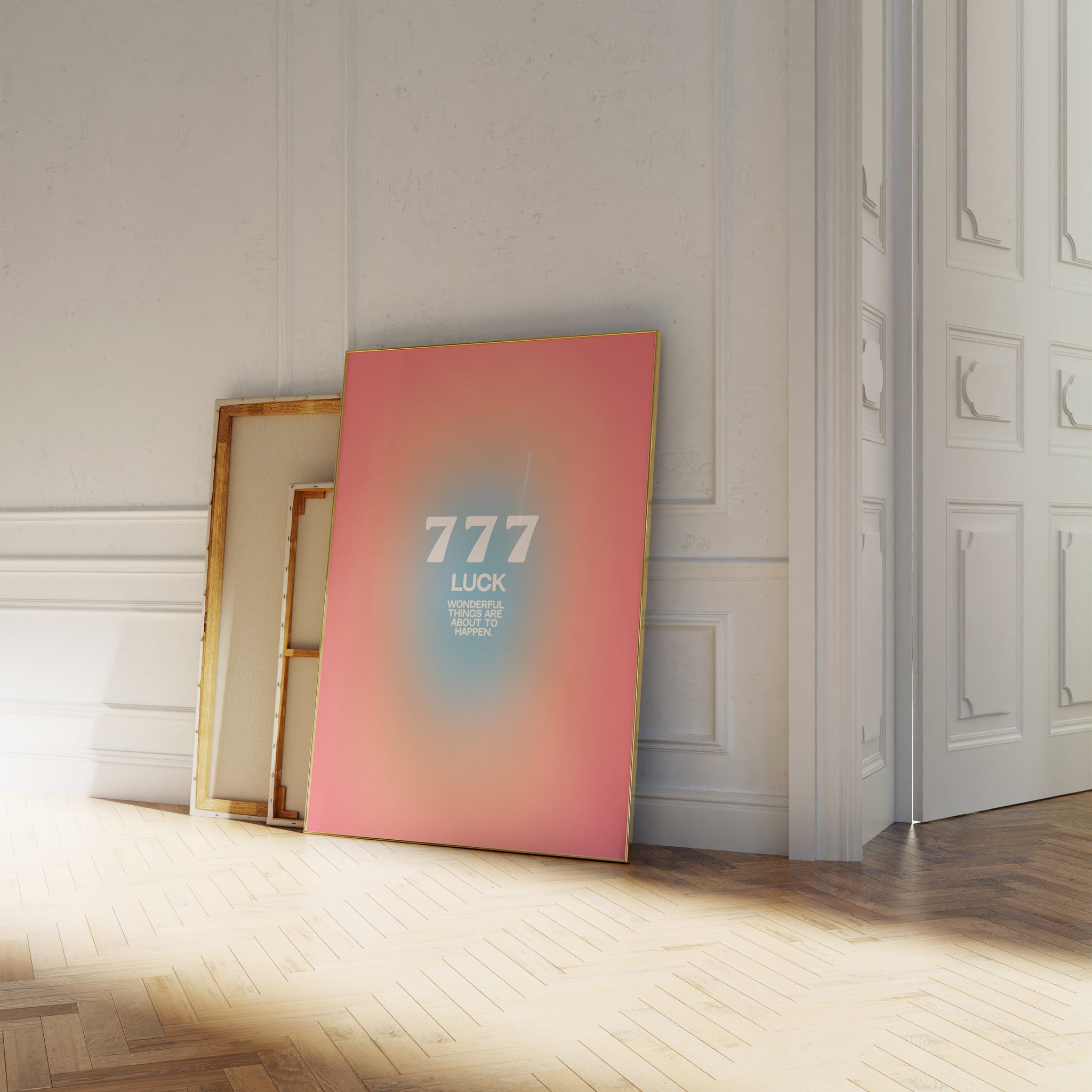 An angel number art print with a gradient aura. Add a touch of angel energy to your walls with a angel number auras. The perfect wall art posters to create a soft and dreamy aesthetic with your apartment or dorm decor. 777 Luck: Wonderful Things Are About To Happen