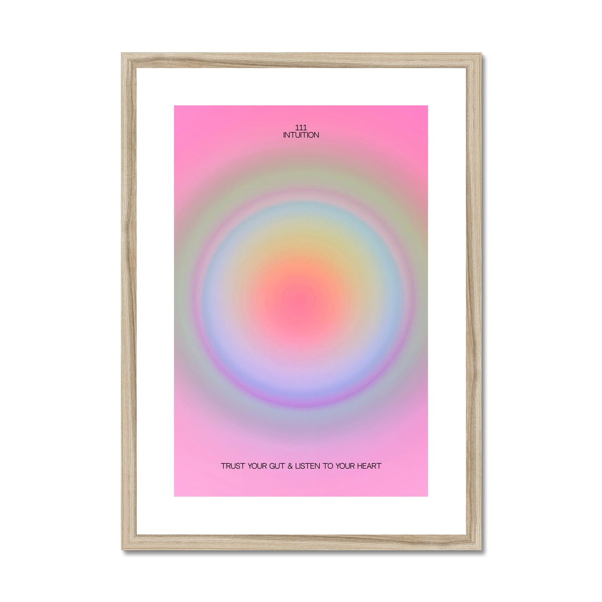 An angel number art print with a gradient aura. Add a touch of angel energy to your walls with a angel number auras. The perfect wall art posters to create a soft and dreamy aesthetic with your apartment or dorm decor. 111 Intuition: Trust Your Gut & Listen To Your Heart