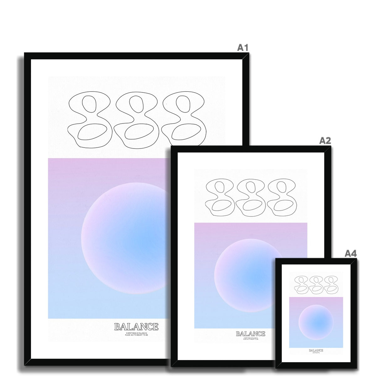 An angel number art print with a gradient aura. Add a touch of angel energy to your walls with a angel number auras. The perfect wall art posters to create a soft and dreamy aesthetic with your apartment or dorm decor. 888 Balance: Everything Is Falling Into Place As It’s Meant To Be.