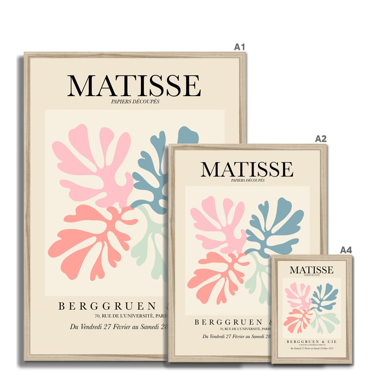 © les muses / Matisse wall art prints featuring flora cut outs or "Papiers Découpés" in a danish pastel style. Matisse exhibition posters with paper cut-outs. Berggruen & Cie museum prints for your gallery wall.