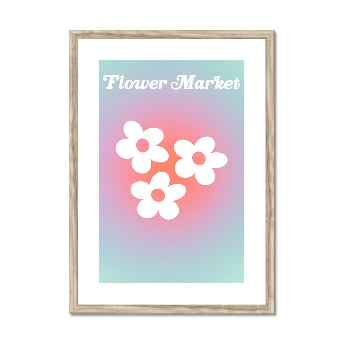 The Flower Market / Sunset collection features wall art with sunset colored aura gradients and daisy illustrations under original hand drawn typography. Sorbet colored flower market prints that make beautiful danish pastel style posters.