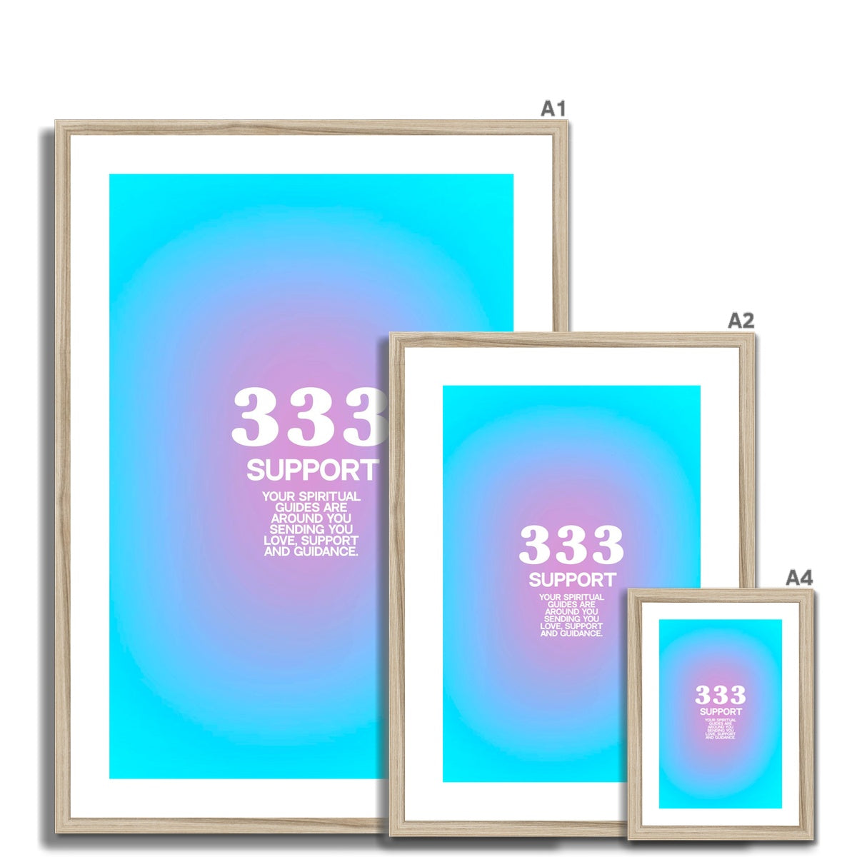 An angel number art print with a gradient aura. Add a touch of angel energy to your walls with a angel number auras. The perfect wall art posters to create a soft and dreamy aesthetic with your apartment or dorm decor. 333 Support: Your Spiritual Guides Are All Around You Sending You Love, Support And Guidance.