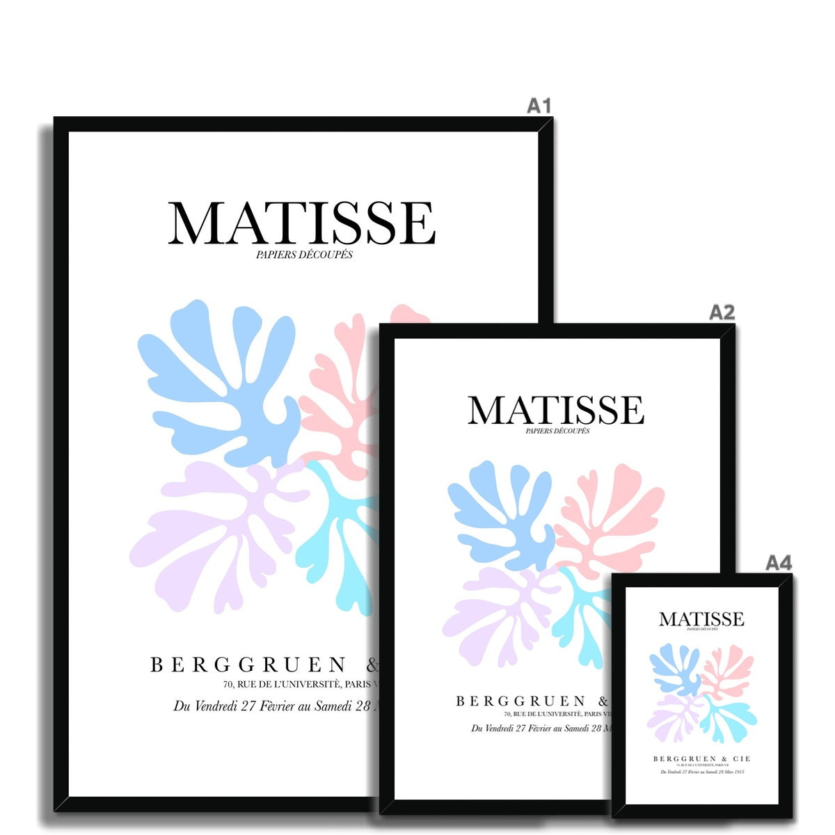 © les muses / Matisse wall art prints featuring flora cut outs or "Papiers Découpés" in a danish pastel style. Matisse exhibition posters with paper cut-outs. Berggruen & Cie museum prints for your gallery wall.