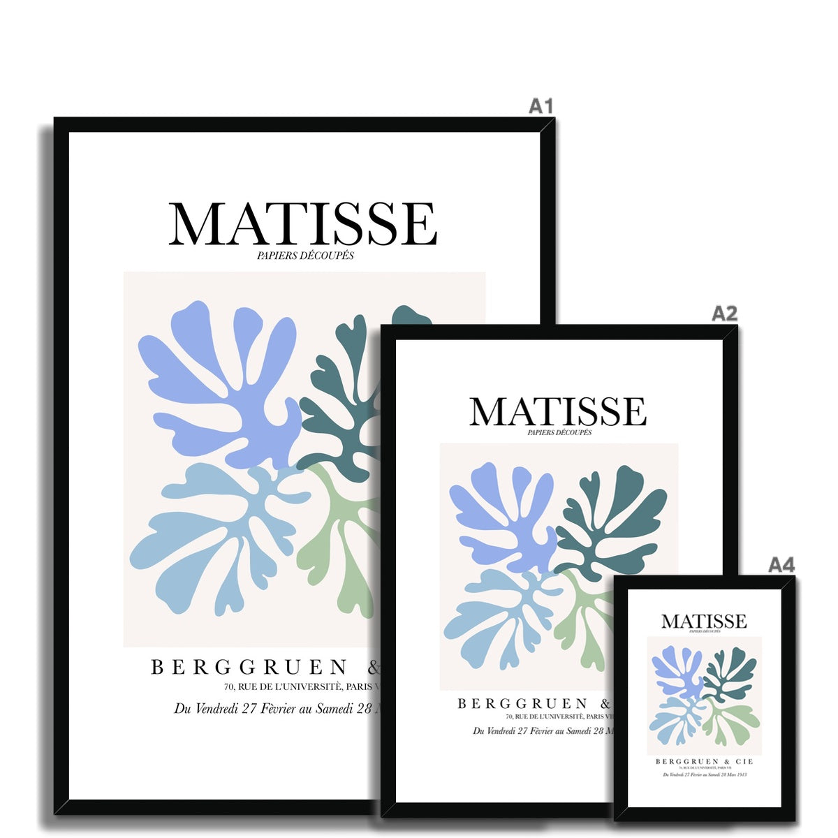 © les muses / Matisse wall art prints featuring flora cut outs or "Papiers Découpés" in a danish pastel style. Matisse exhibition posters with paper cut-outs. Berggruen & Cie museum prints for your gallery wall.