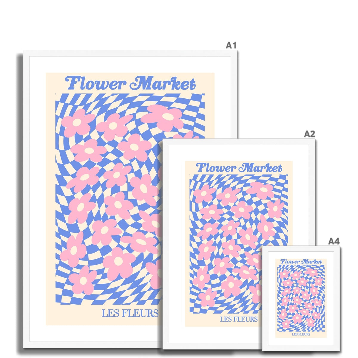 © les muses / Our Flower Market / Psychedelic collection features wall art with checkered floral daisy illustrations under original hand drawn typography, titled Flower Market / Les Fleurs. Danish pastel posters full of checkers and daisies to brighten up any gallery wall.
