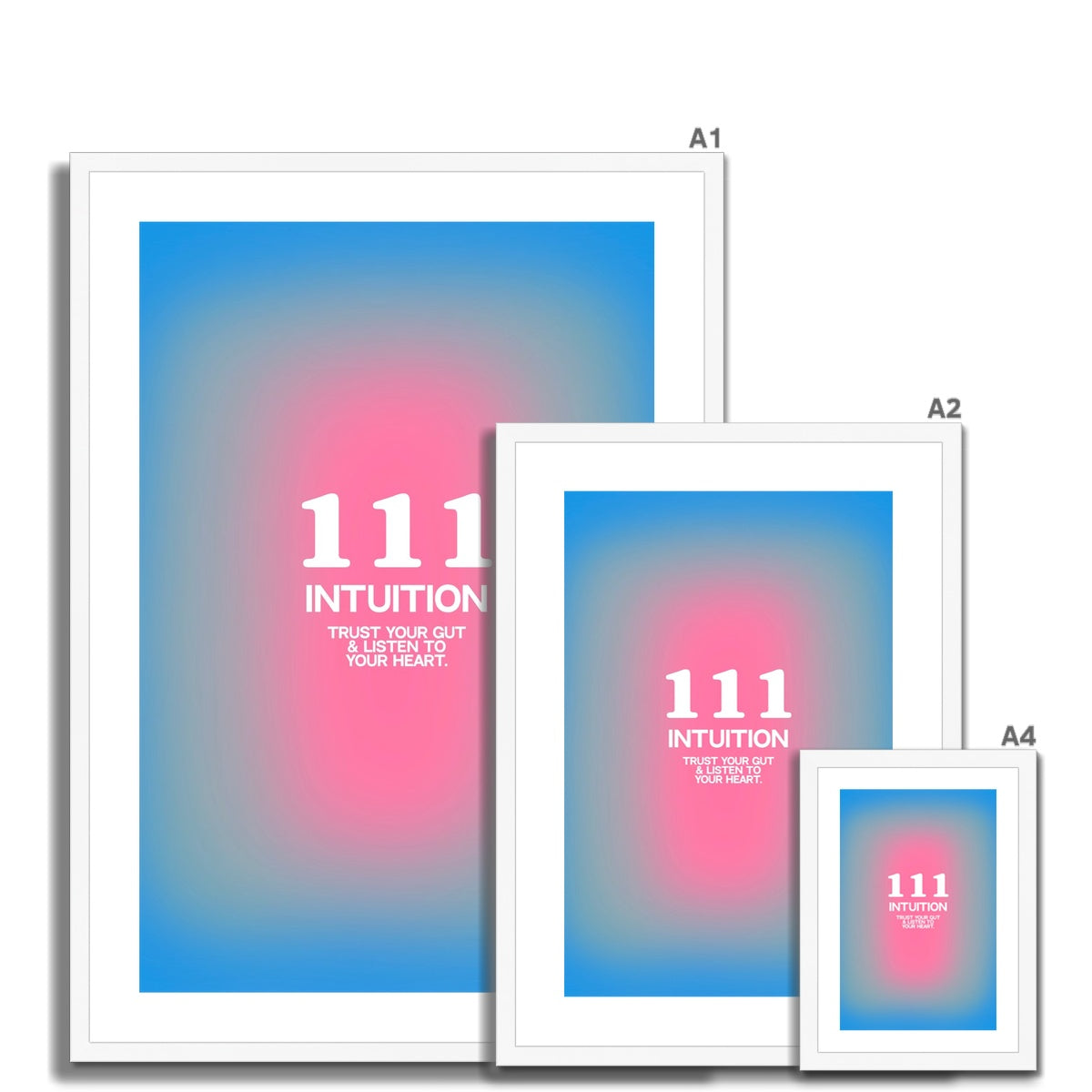 An angel number art print with a gradient aura. Add a touch of angel energy to your walls with a angel number auras. The perfect wall art posters to create a soft and dreamy aesthetic with your apartment or dorm decor. 111 Intuition: Trust Your Gut & Listen To Your Heart