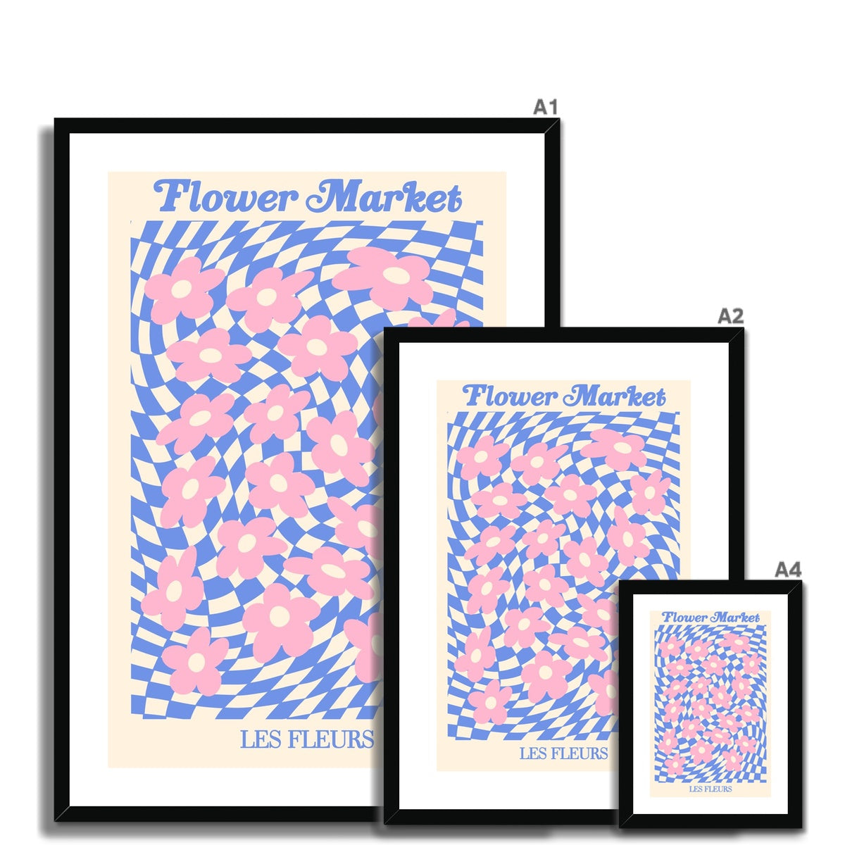 © les muses / Our Flower Market / Psychedelic collection features wall art with checkered floral daisy illustrations under original hand drawn typography, titled Flower Market / Les Fleurs. Danish pastel posters full of checkers and daisies to brighten up any gallery wall.
