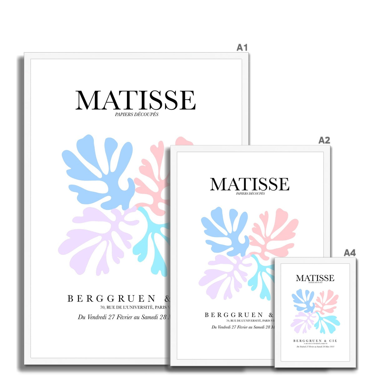 © les muses / Matisse wall art prints featuring flora cut outs or "Papiers Découpés" in a danish pastel style. Matisse exhibition posters with paper cut-outs. Berggruen & Cie museum prints for your gallery wall.