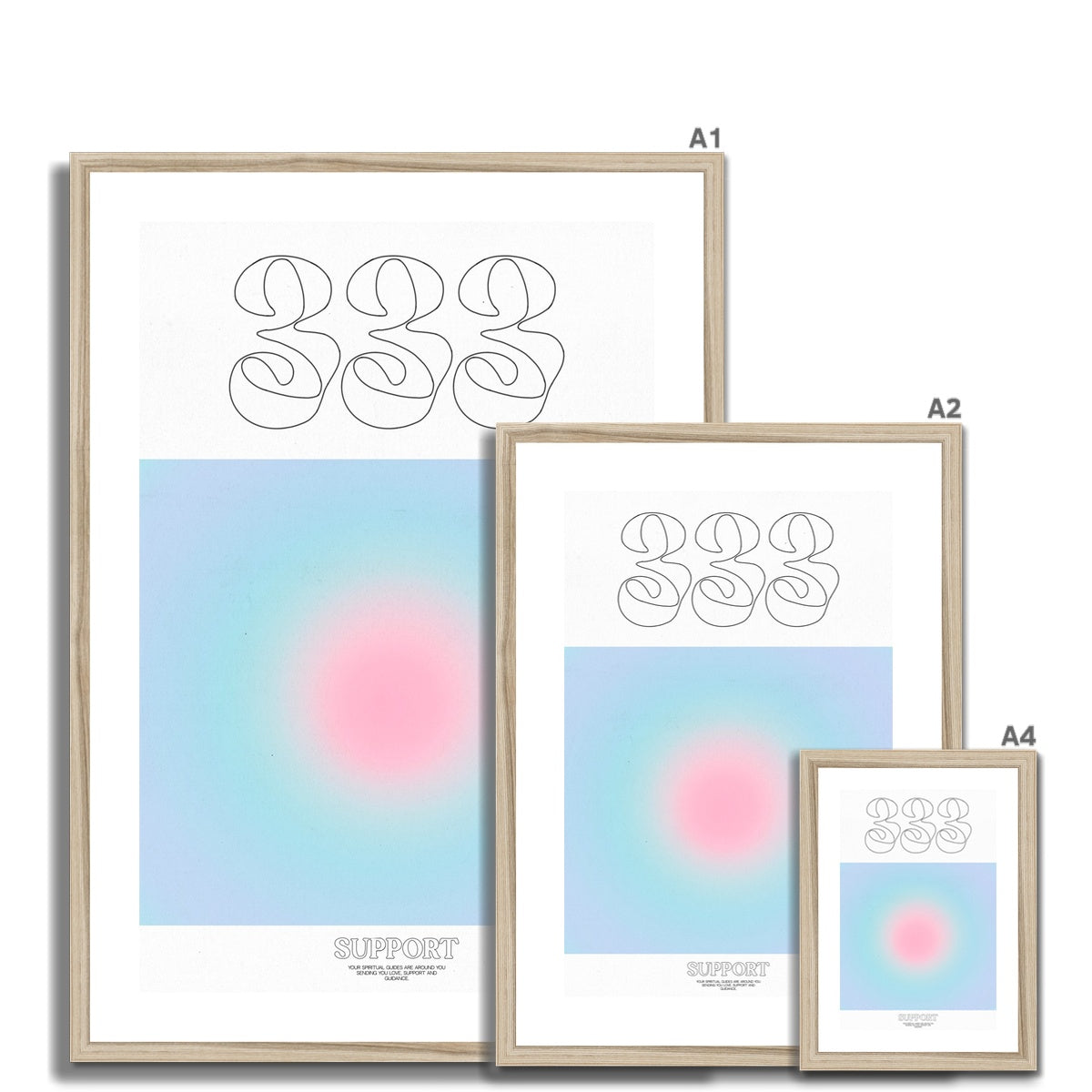 An angel number art print with a gradient aura. Add a touch of angel energy to your walls with a angel number auras. The perfect wall art posters to create a soft and dreamy aesthetic with your apartment or dorm decor. 333 Support: Your Spiritual Guides Are All Around You Sending You Love, Support And Guidance.