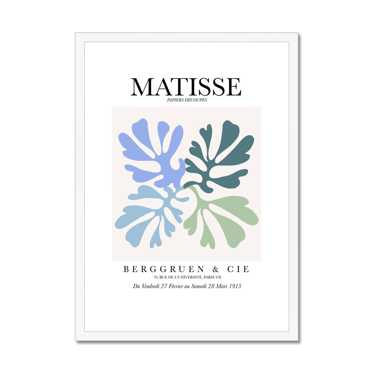 © les muses / Matisse wall art prints featuring flora cut outs or "Papiers Découpés" in a danish pastel style. Matisse exhibition posters with paper cut-outs. Berggruen & Cie museum prints for your gallery wall.