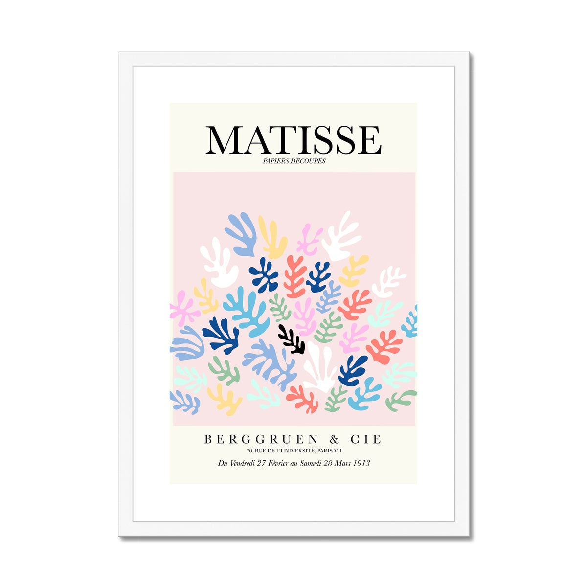 © les muses / Matisse wall art prints featuring flora cut outs or "Papiers Découpés" in a danish pastel style. Matisse exhibition posters with paper cut-outs. Berggruen & Cie museum prints for your gallery wall.