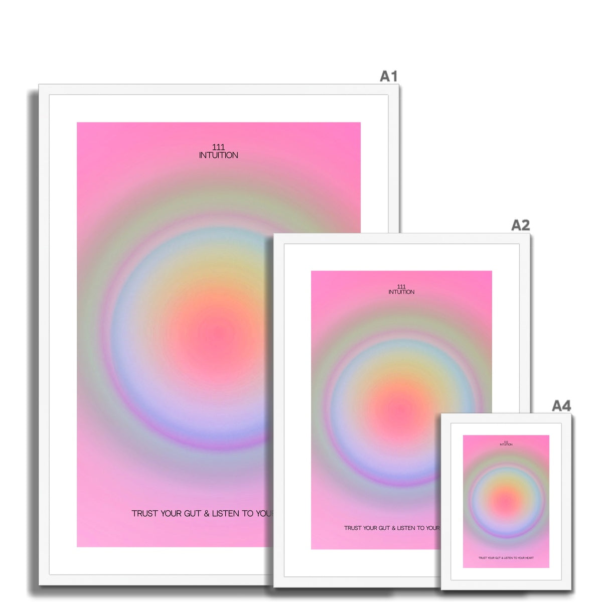 An angel number art print with a gradient aura. Add a touch of angel energy to your walls with a angel number auras. The perfect wall art posters to create a soft and dreamy aesthetic with your apartment or dorm decor. 111 Intuition: Trust Your Gut & Listen To Your Heart