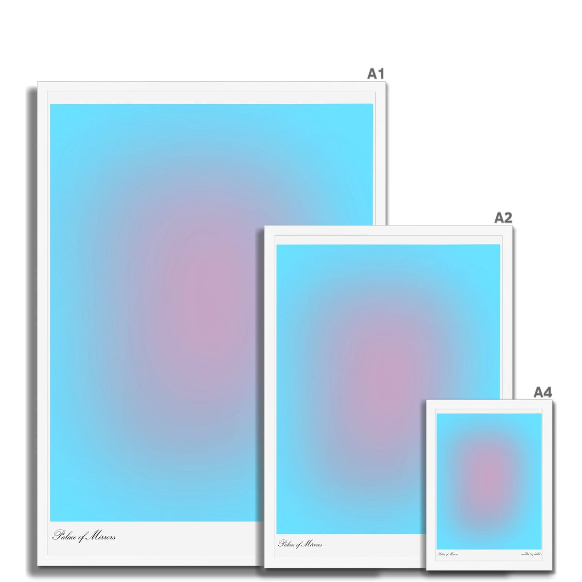 Dreamy gradient aura wall art prints featuring color clouds of pastel gradients. The rectangular layers of light and shadow appear to recede similar to an infinity mirror. Our colorful aura gradient posters are a stunning addition to any home.