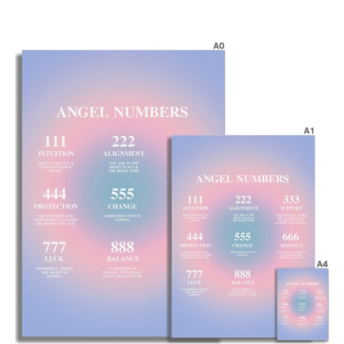 An angel number art print with a gradient aura. Add a touch of angel energy to your walls with a angel number auras. The perfect wall art posters to create a soft and dreamy aesthetic with your apartment or dorm decor.