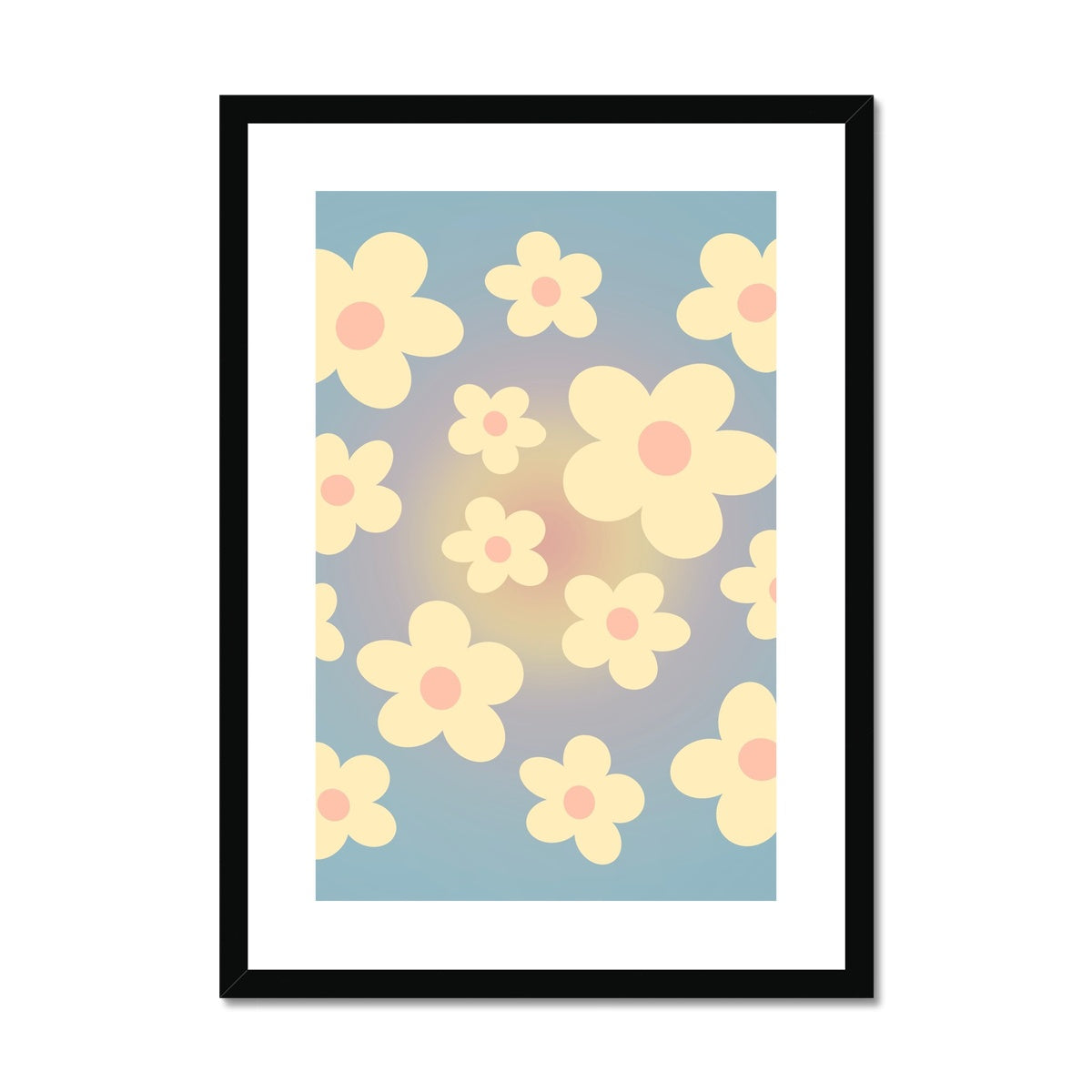 Danish pastel art prints full of daisy flowers and sunset gradient auras. Wall art with a flower market aesthetic. Trendy retro flower posters that are an aesthetic must have for dorm or apartment wall decor.