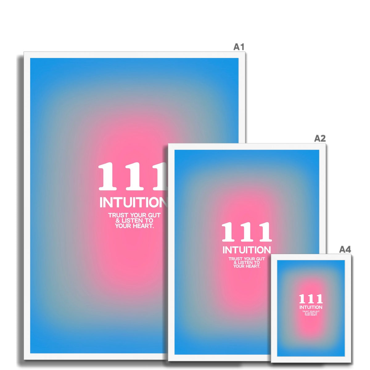 An angel number art print with a gradient aura. Add a touch of angel energy to your walls with a angel number auras. The perfect wall art posters to create a soft and dreamy aesthetic with your apartment or dorm decor. 111 Intuition: Trust Your Gut & Listen To Your Heart