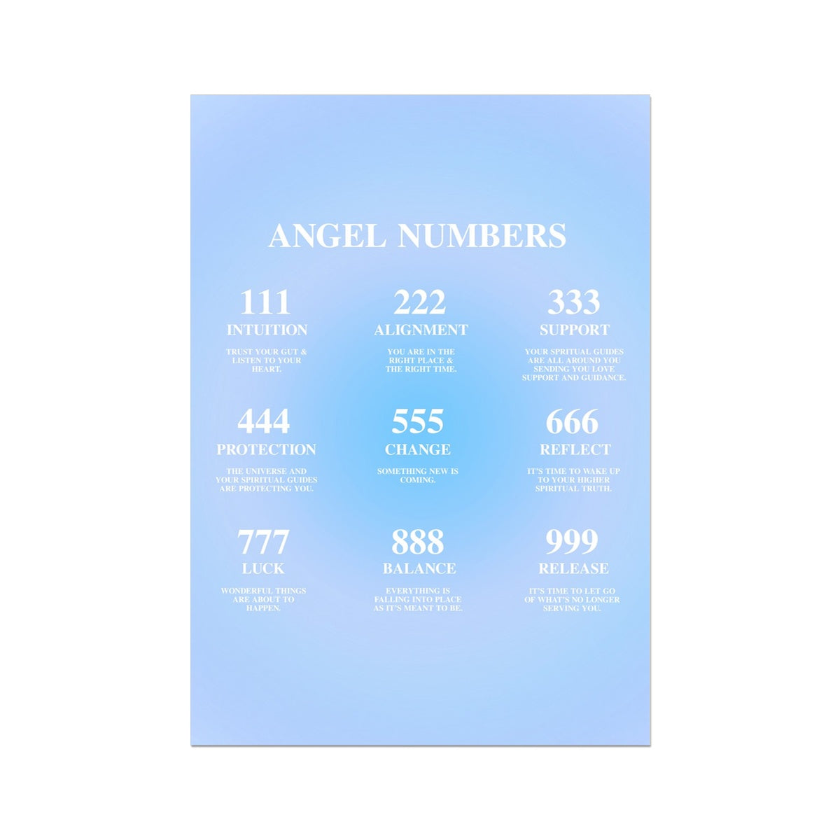 An angel number art print with a gradient aura. Add a touch of angel energy to your walls with a angel number auras. The perfect wall art posters to create a soft and dreamy aesthetic with your apartment or dorm decor.