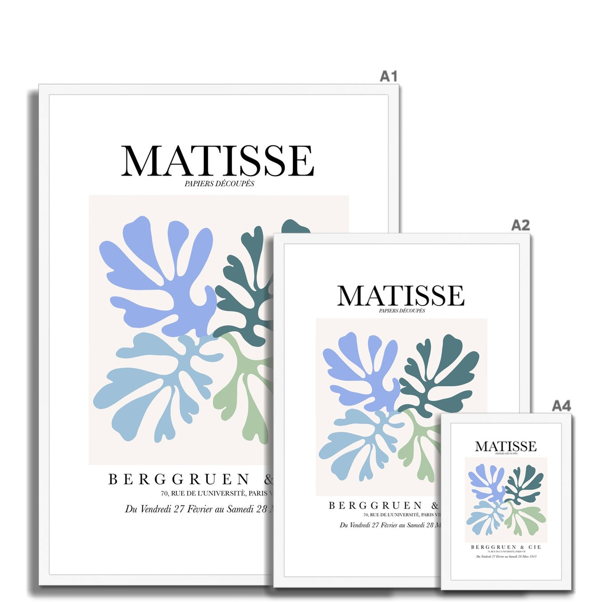 © les muses / Matisse wall art prints featuring flora cut outs or "Papiers Découpés" in a danish pastel style. Matisse exhibition posters with paper cut-outs. Berggruen & Cie museum prints for your gallery wall.