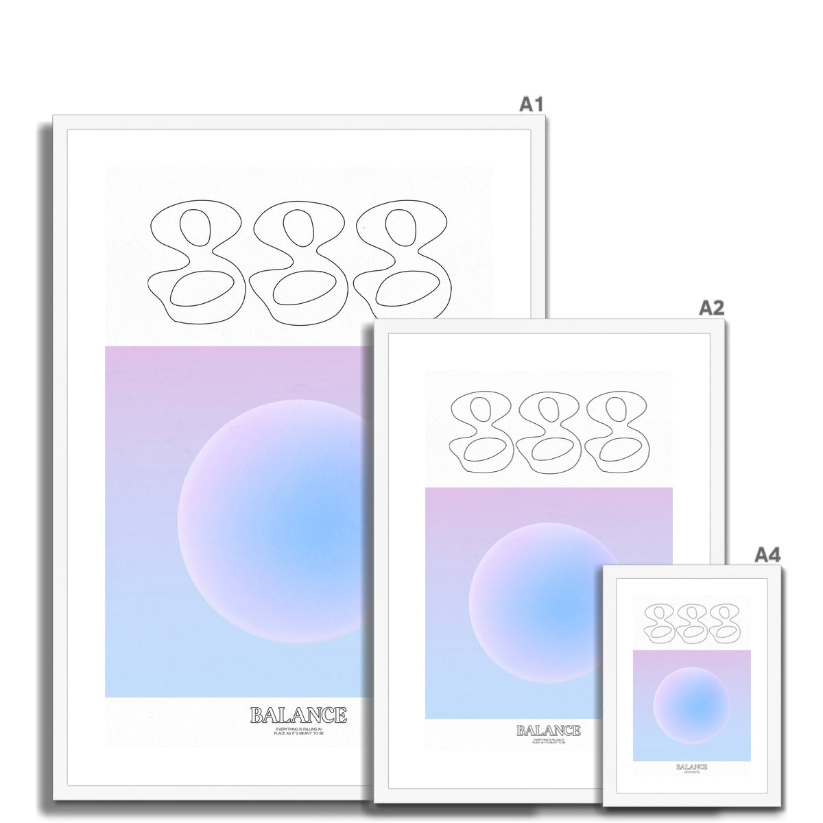 An angel number art print with a gradient aura. Add a touch of angel energy to your walls with a angel number auras. The perfect wall art posters to create a soft and dreamy aesthetic with your apartment or dorm decor. 888 Balance: Everything Is Falling Into Place As It’s Meant To Be.
