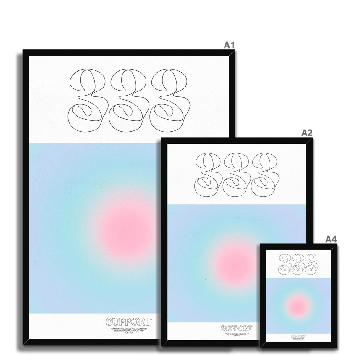 An angel number art print with a gradient aura. Add a touch of angel energy to your walls with a angel number auras. The perfect wall art posters to create a soft and dreamy aesthetic with your apartment or dorm decor. 333 Support: Your Spiritual Guides Are All Around You Sending You Love, Support And Guidance.