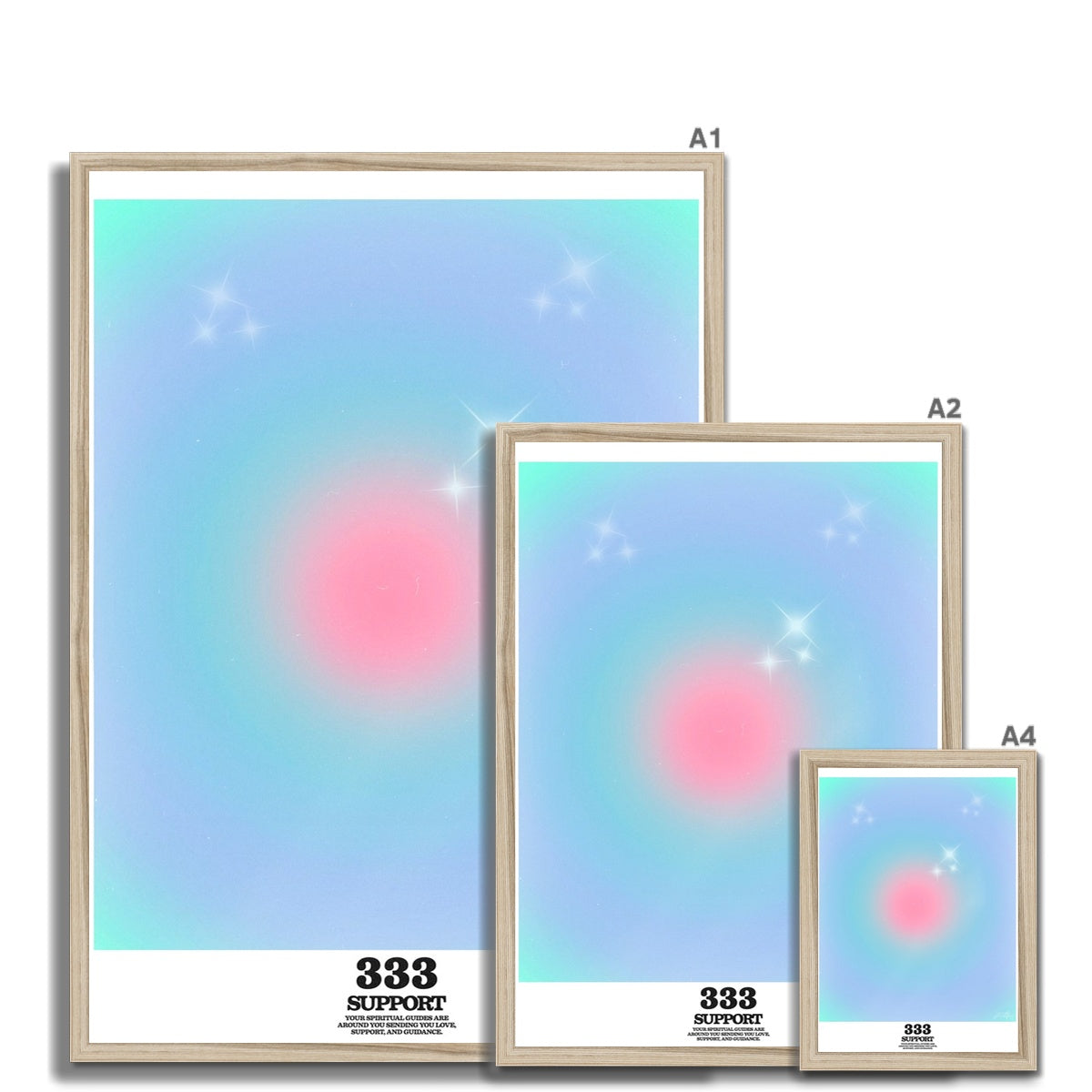 An angel number art print with a gradient aura. Add a touch of angel energy to your walls with a angel number auras. The perfect wall art posters to create a soft and dreamy aesthetic with your apartment or dorm decor. 333 Support: Your Spiritual Guides Are All Around You Sending You Love, Support And Guidance.