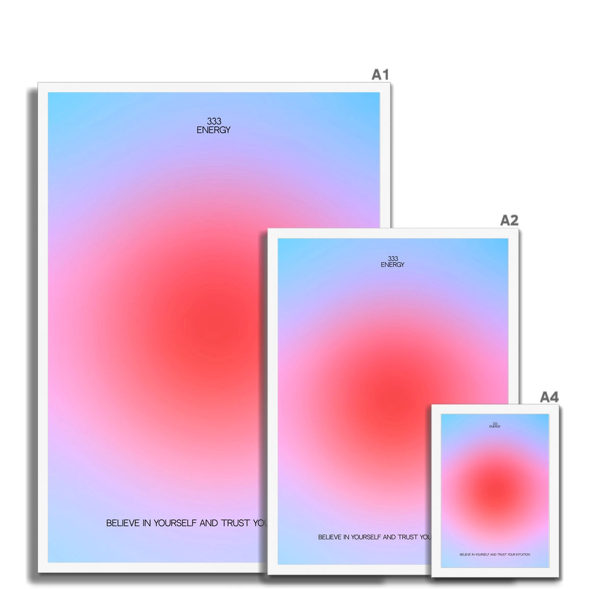 An angel number art print with a gradient aura. Add a touch of angel energy to your walls with a angel number auras. The perfect wall art posters to create a soft and dreamy aesthetic with your apartment or dorm decor. 333 Energy: Believe In Yourself And Trust Your Intuition