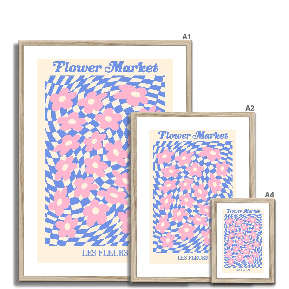 © les muses / Our Flower Market / Psychedelic collection features wall art with checkered floral daisy illustrations under original hand drawn typography, titled Flower Market / Les Fleurs. Danish pastel posters full of checkers and daisies to brighten up any gallery wall.
