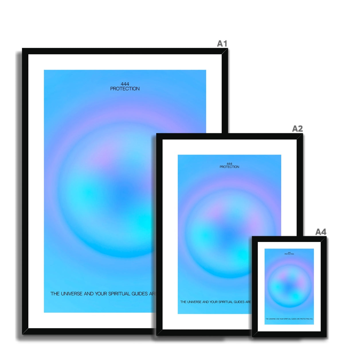 An angel number art print with a gradient aura. Add a touch of angel energy to your walls with a angel number auras. The perfect wall art posters to create a soft and dreamy aesthetic with your apartment or dorm decor. 444 Protection: The Universe And Your Spiritual Guides Are Protecting You.