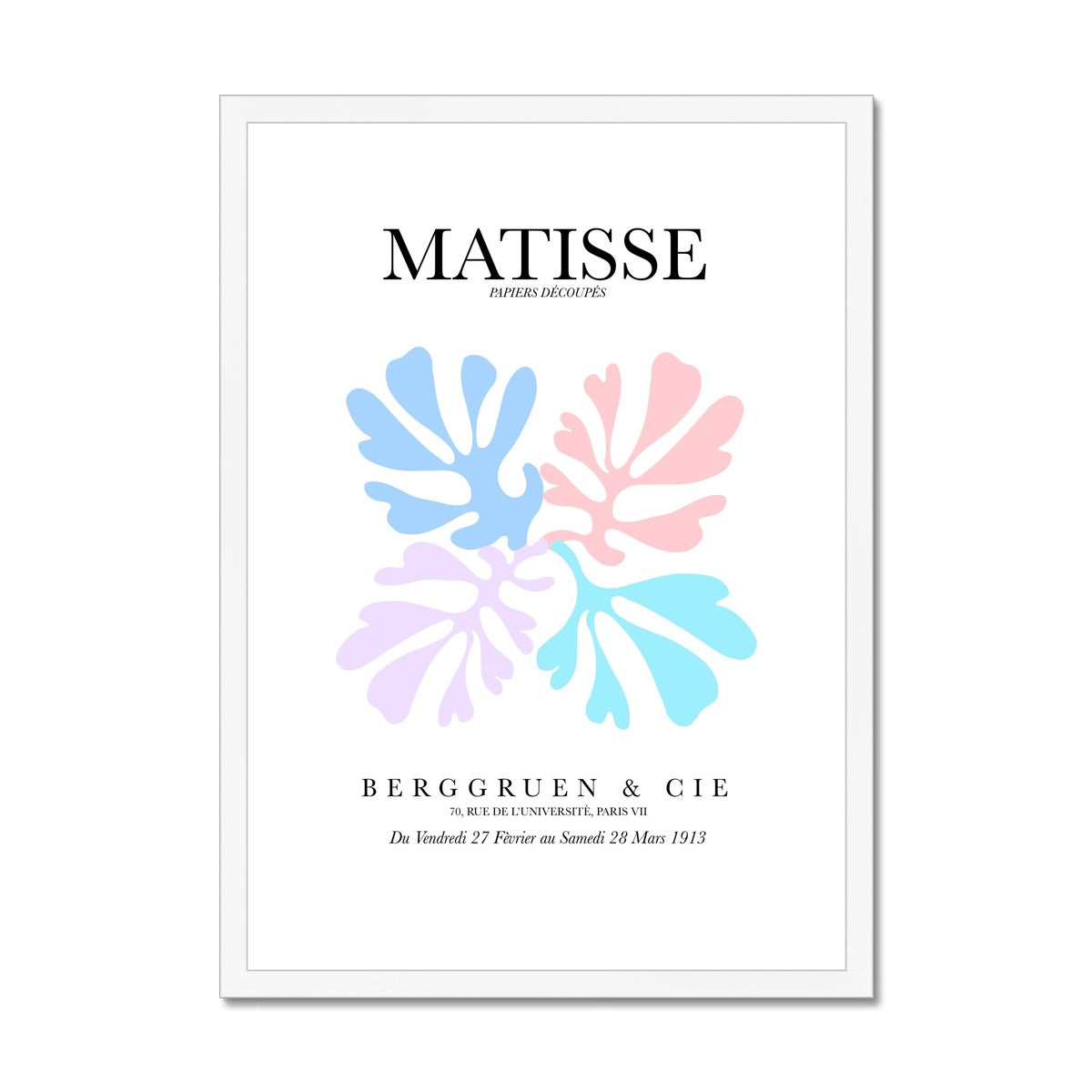 © les muses / Matisse wall art prints featuring flora cut outs or "Papiers Découpés" in a danish pastel style. Matisse exhibition posters with paper cut-outs. Berggruen & Cie museum prints for your gallery wall.