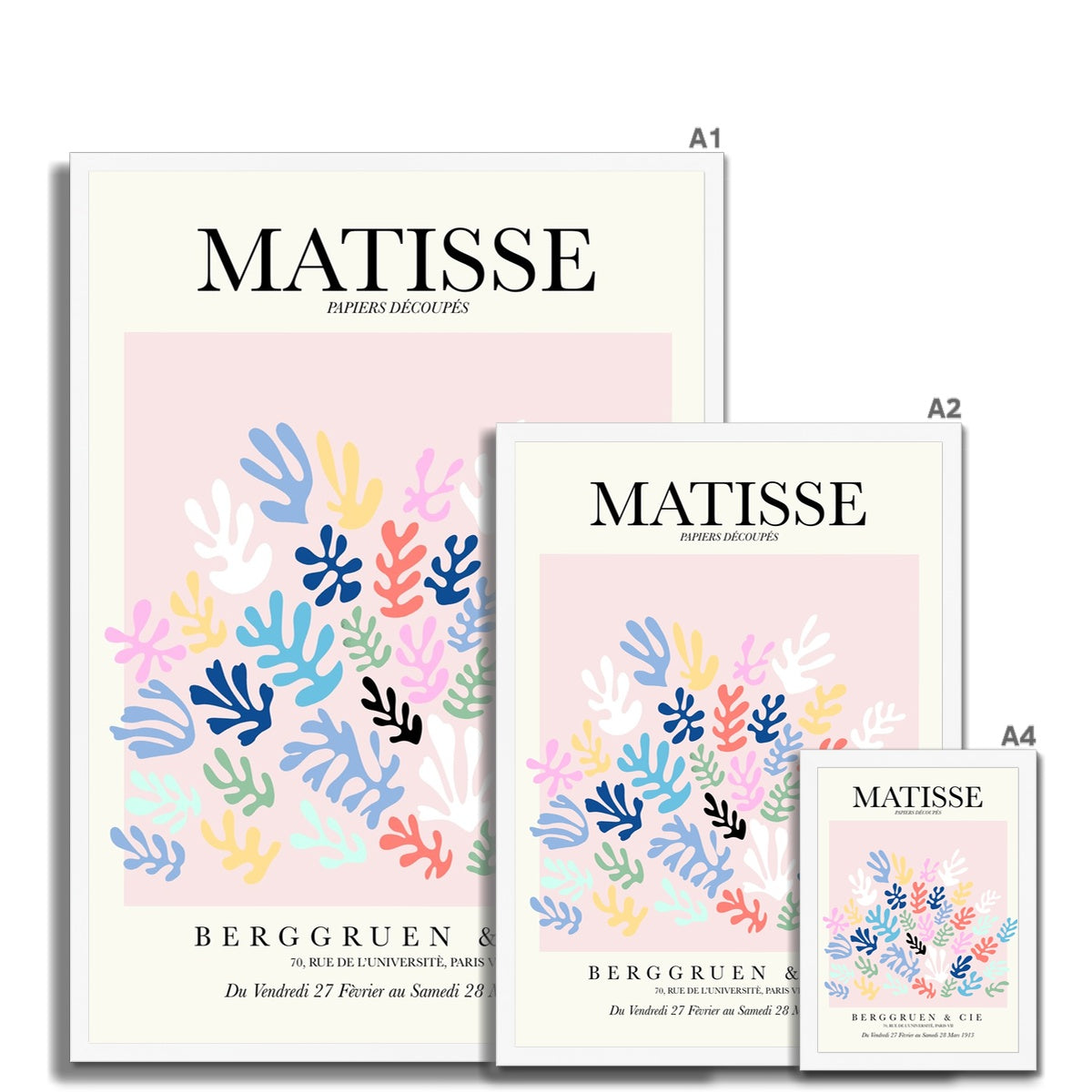 © les muses / Matisse wall art prints featuring flora cut outs or "Papiers Découpés" in a danish pastel style. Matisse exhibition posters with paper cut-outs. Berggruen & Cie museum prints for your gallery wall.