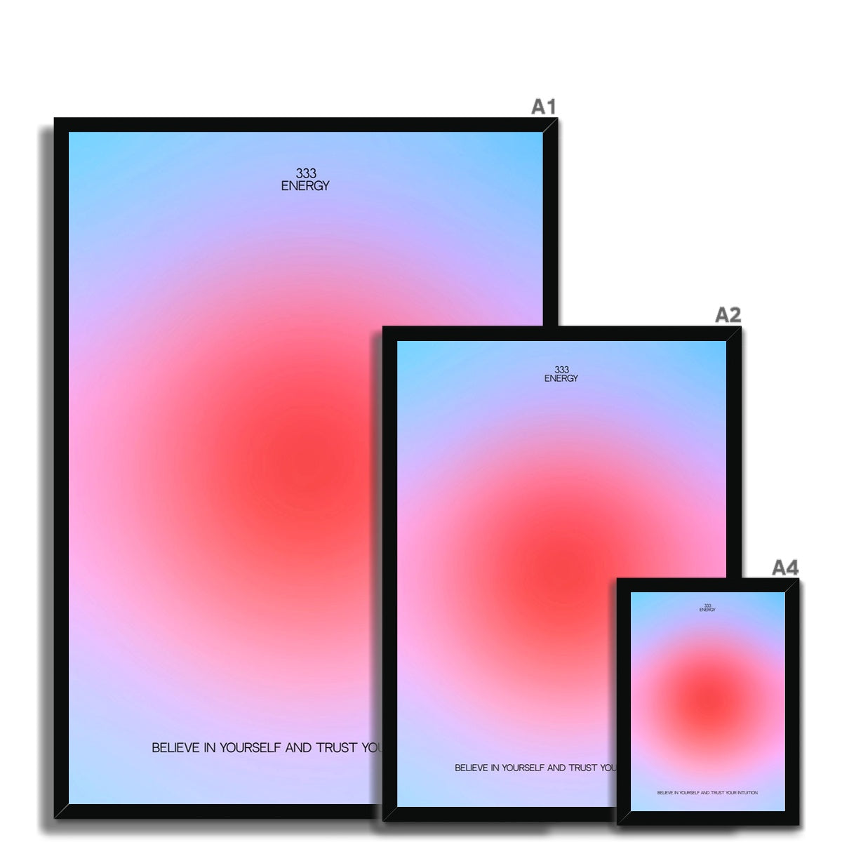 An angel number art print with a gradient aura. Add a touch of angel energy to your walls with a angel number auras. The perfect wall art posters to create a soft and dreamy aesthetic with your apartment or dorm decor. 333 Energy: Believe In Yourself And Trust Your Intuition