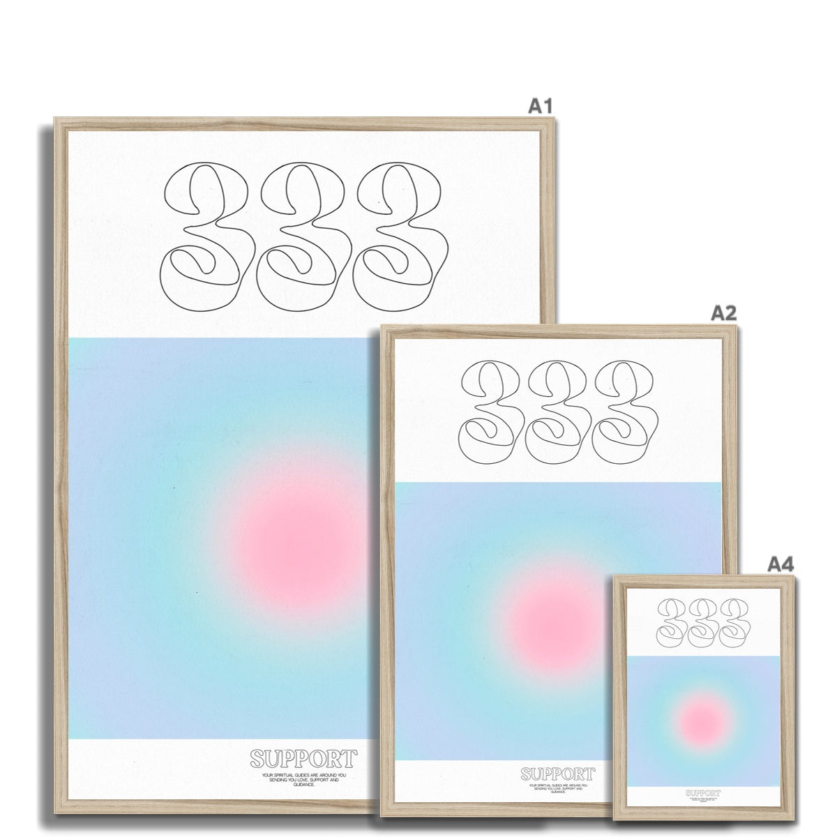 An angel number art print with a gradient aura. Add a touch of angel energy to your walls with a angel number auras. The perfect wall art posters to create a soft and dreamy aesthetic with your apartment or dorm decor. 333 Support: Your Spiritual Guides Are All Around You Sending You Love, Support And Guidance.