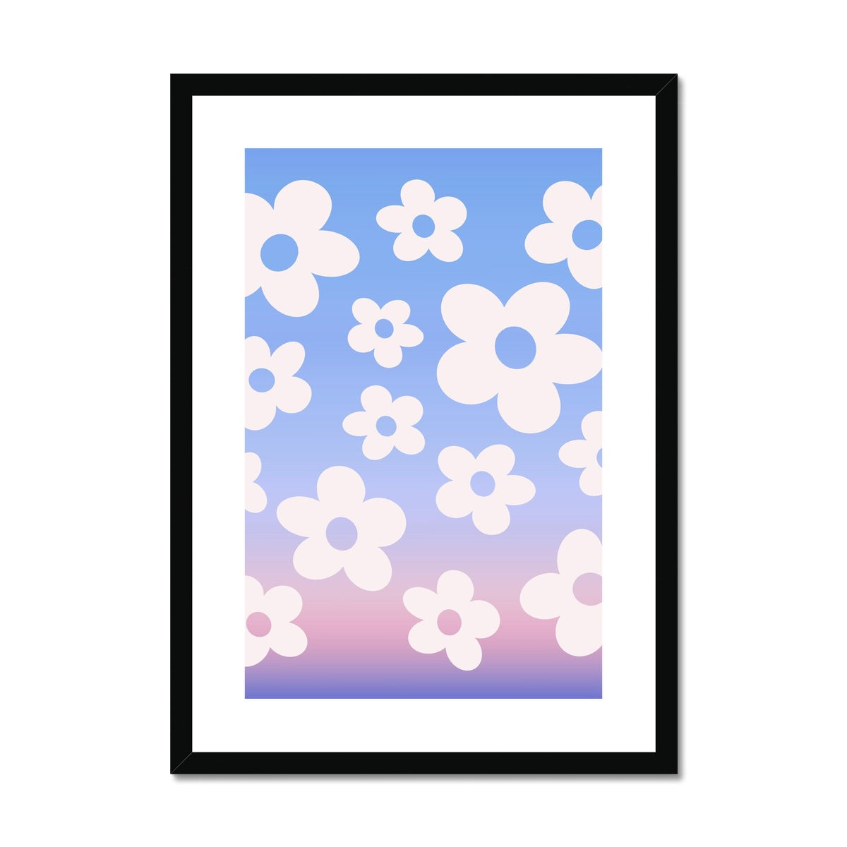 Danish pastel art prints full of daisy flowers and sunset gradient auras. Wall art with a flower market aesthetic. Trendy retro flower posters that are an aesthetic must have for dorm or apartment wall decor.