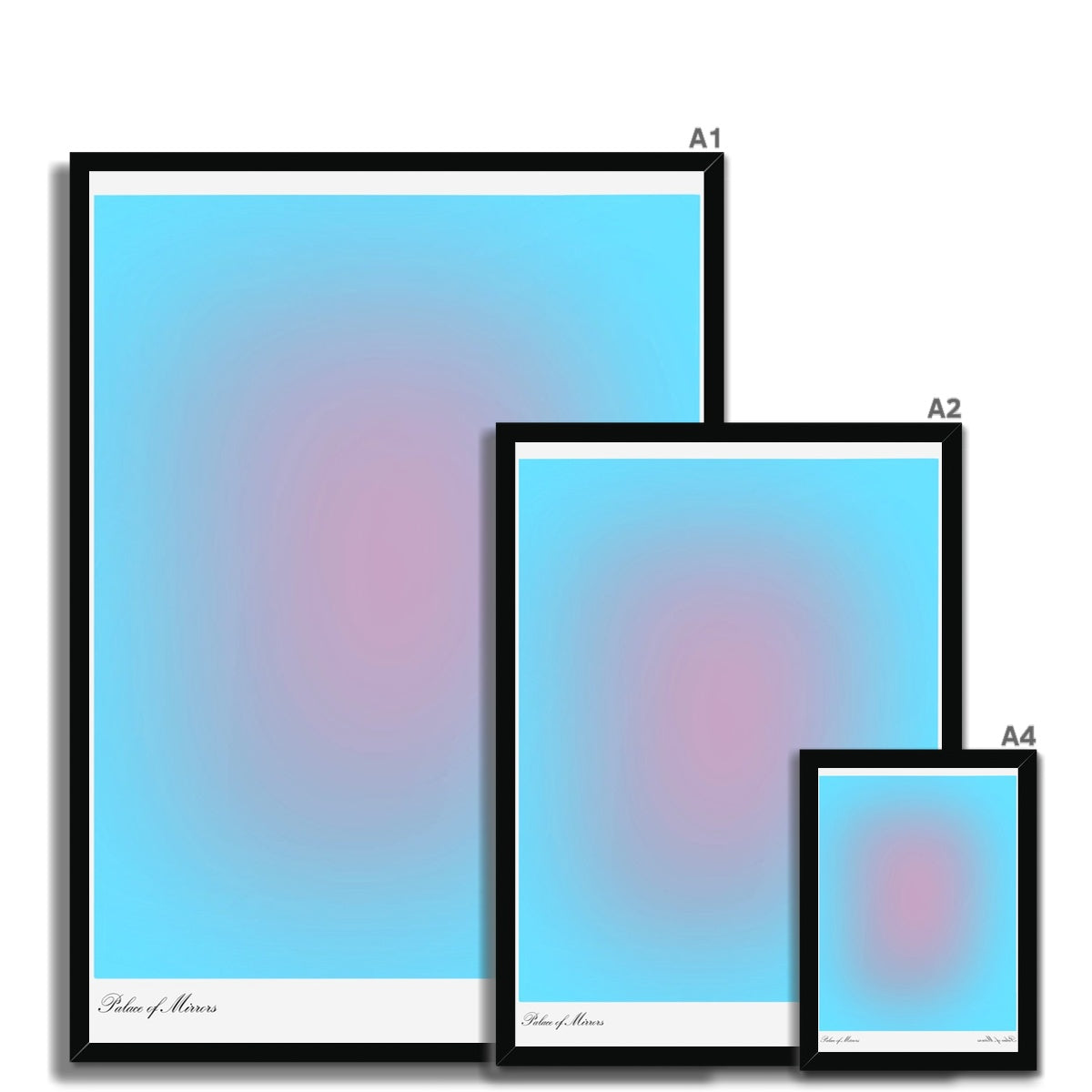Dreamy gradient aura wall art prints featuring color clouds of pastel gradients. The rectangular layers of light and shadow appear to recede similar to an infinity mirror. Our colorful aura gradient posters are a stunning addition to any home.