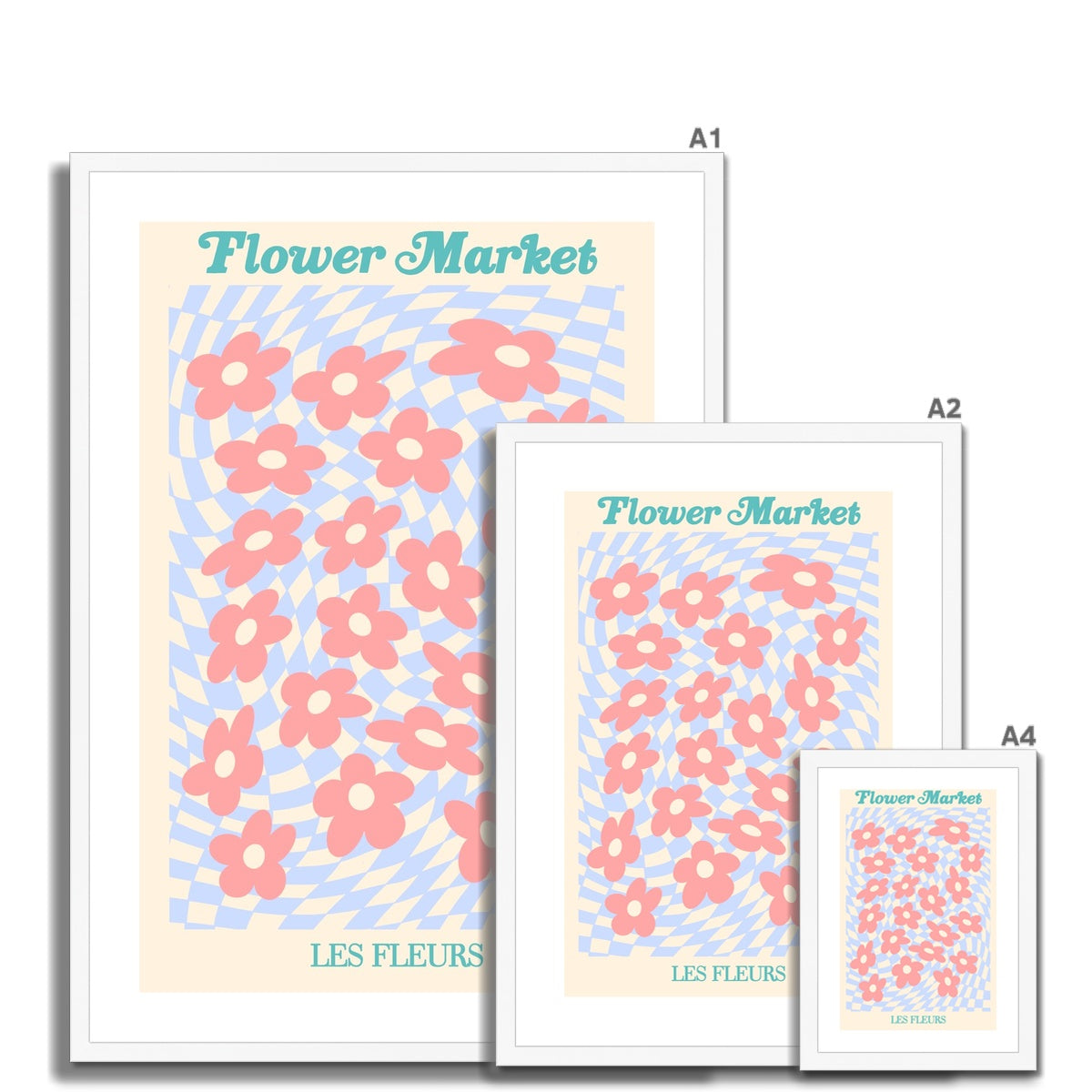 © les muses / Our Flower Market / Psychedelic collection features wall art with checkered floral daisy illustrations under original hand drawn typography, titled Flower Market / Les Fleurs. Danish pastel posters full of checkers and daisies to brighten up any gallery wall.
