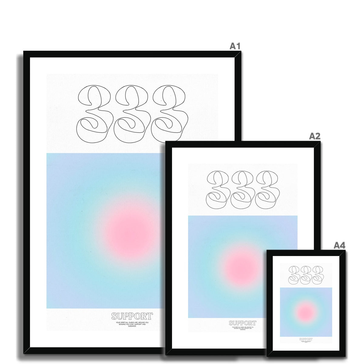 An angel number art print with a gradient aura. Add a touch of angel energy to your walls with a angel number auras. The perfect wall art posters to create a soft and dreamy aesthetic with your apartment or dorm decor. 333 Support: Your Spiritual Guides Are All Around You Sending You Love, Support And Guidance.