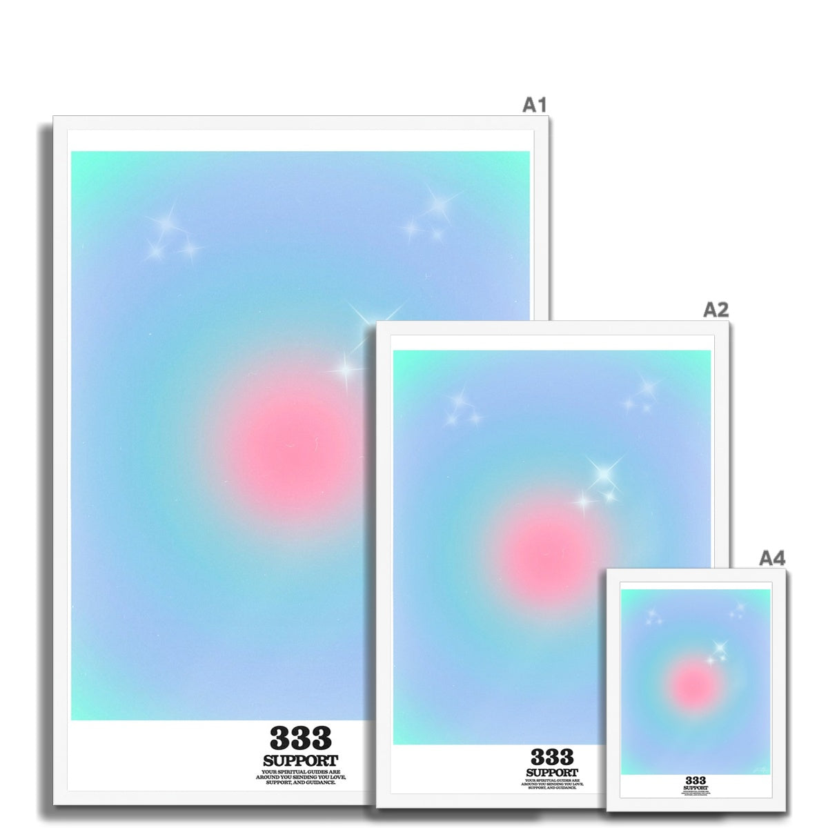 An angel number art print with a gradient aura. Add a touch of angel energy to your walls with a angel number auras. The perfect wall art posters to create a soft and dreamy aesthetic with your apartment or dorm decor. 333 Support: Your Spiritual Guides Are All Around You Sending You Love, Support And Guidance.