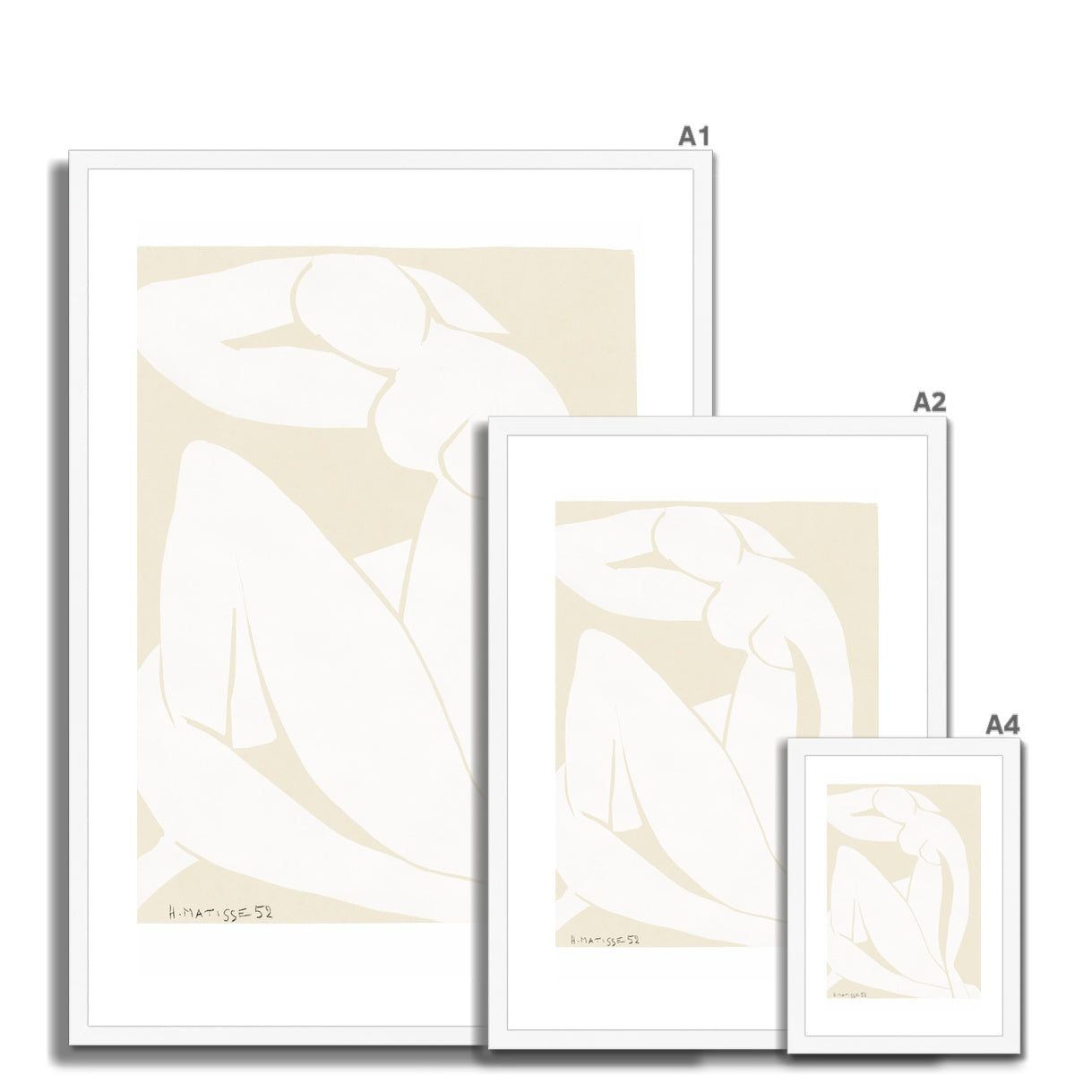 © les muses / Matisse wall art prints featuring nude figure cut outs or "Papiers Découpés" in a danish pastel style. Matisse exhibition posters with paper cut-outs. Berggruen & Cie museum prints for your gallery wall.