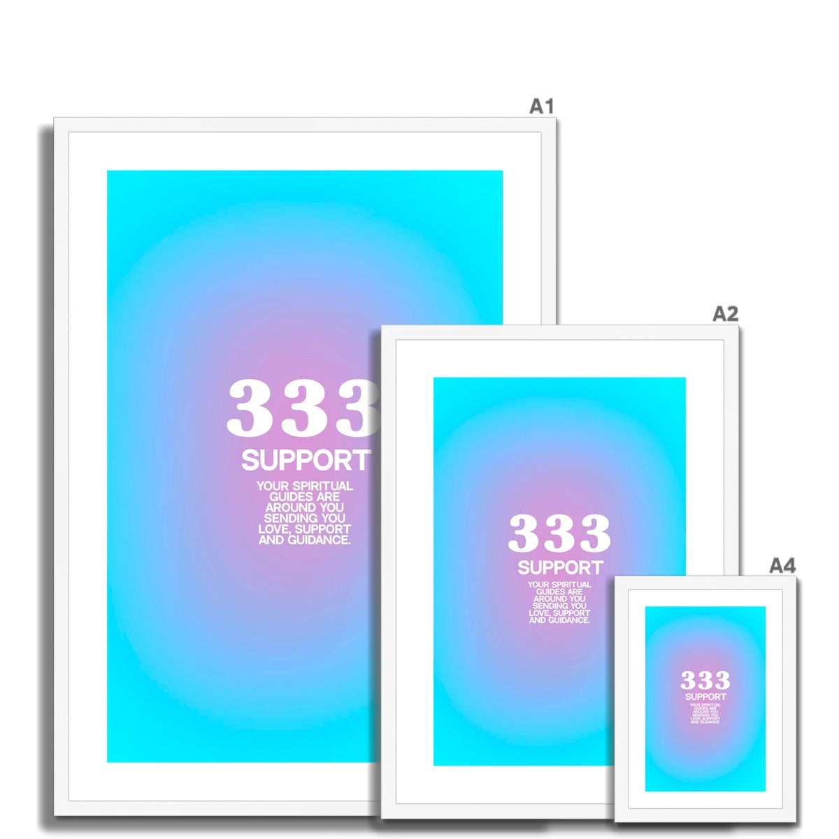 An angel number art print with a gradient aura. Add a touch of angel energy to your walls with a angel number auras. The perfect wall art posters to create a soft and dreamy aesthetic with your apartment or dorm decor. 333 Support: Your Spiritual Guides Are All Around You Sending You Love, Support And Guidance.