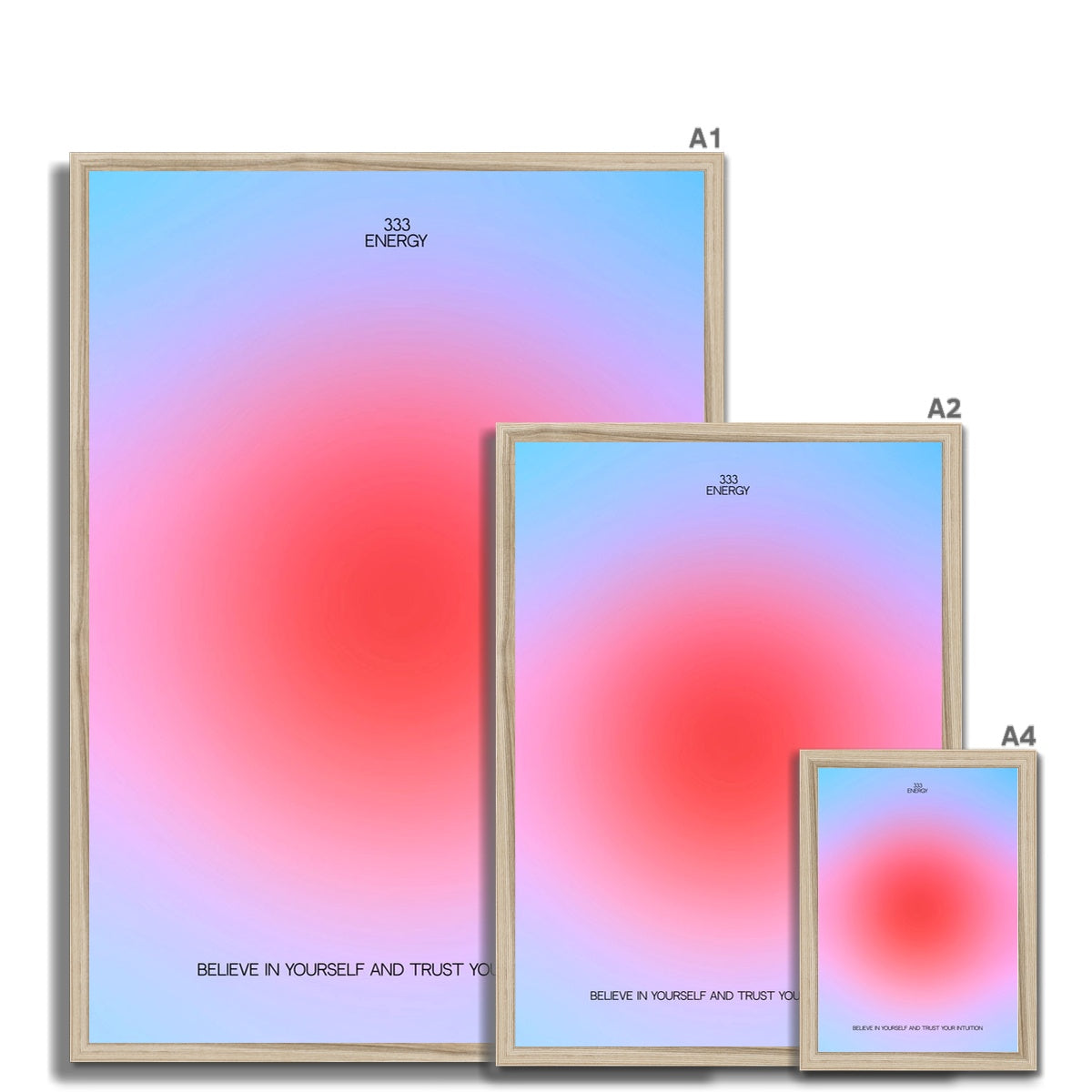 An angel number art print with a gradient aura. Add a touch of angel energy to your walls with a angel number auras. The perfect wall art posters to create a soft and dreamy aesthetic with your apartment or dorm decor. 333 Energy: Believe In Yourself And Trust Your Intuition